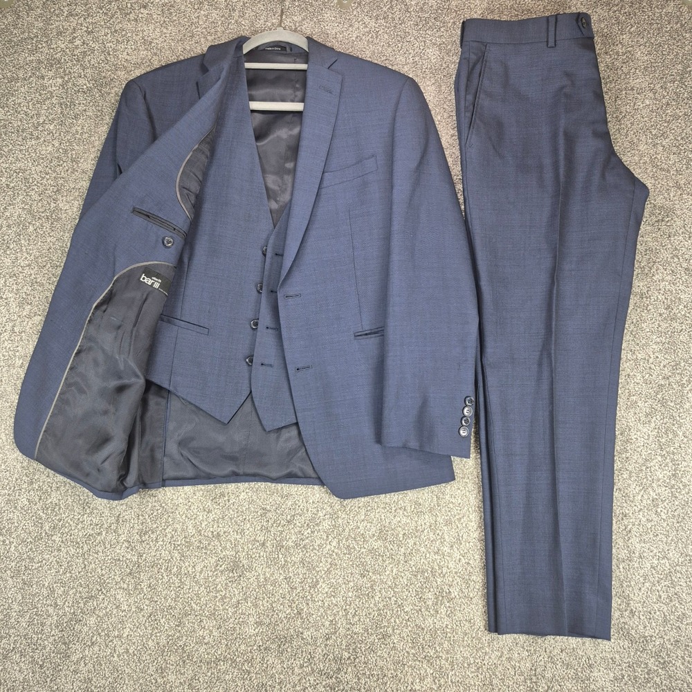 Bar III 3-Piece Suit Mens 40S Blue Slim Fit 100% Wool Blazer Vest Pants
